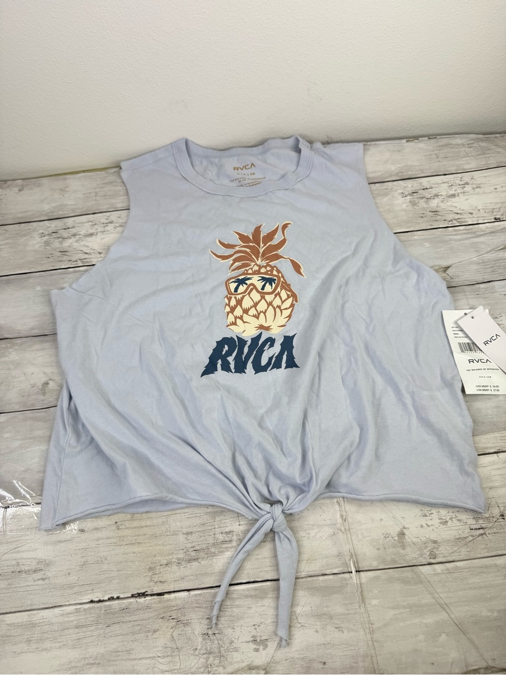 RVCA Light Blue Pineapple Tie-Front cropped Tee